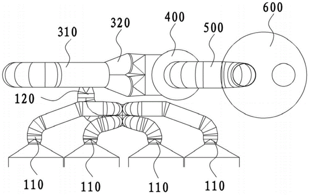 Equipment arrangement structure provided with single-row induced draft fan behind dust catcher and flue gas system