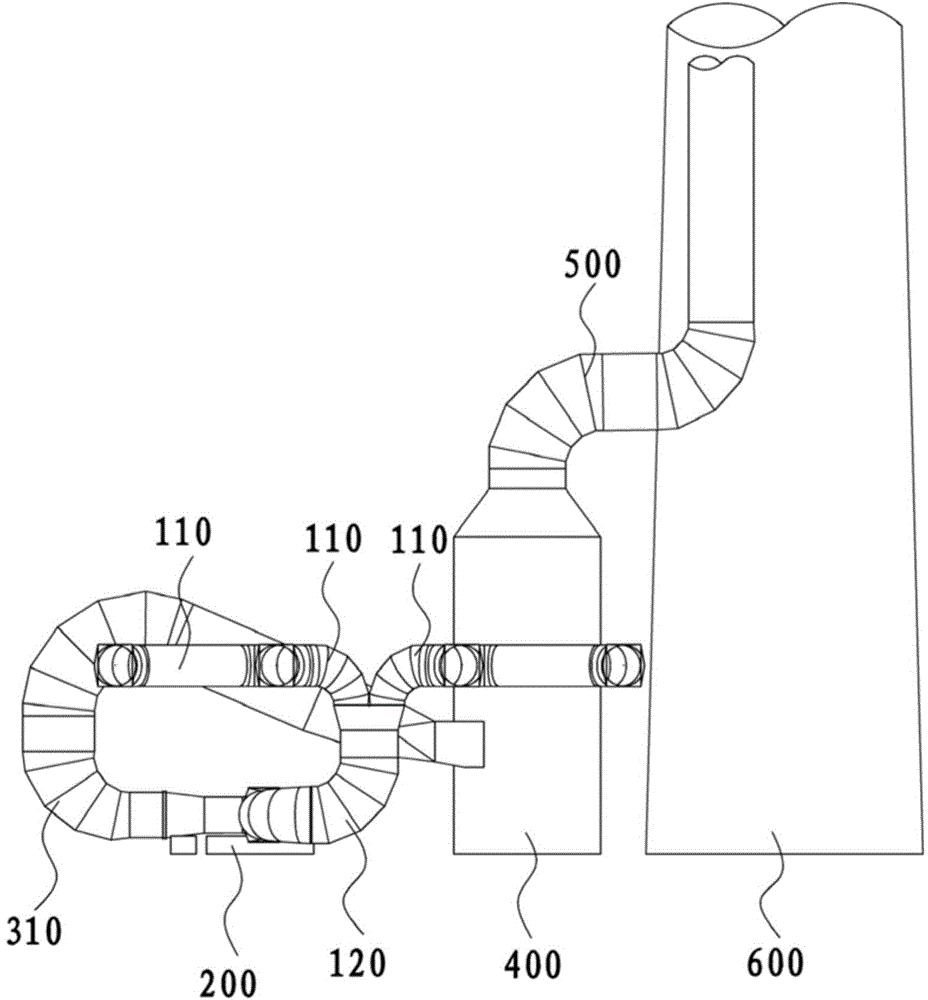 Equipment arrangement structure provided with single-row induced draft fan behind dust catcher and flue gas system