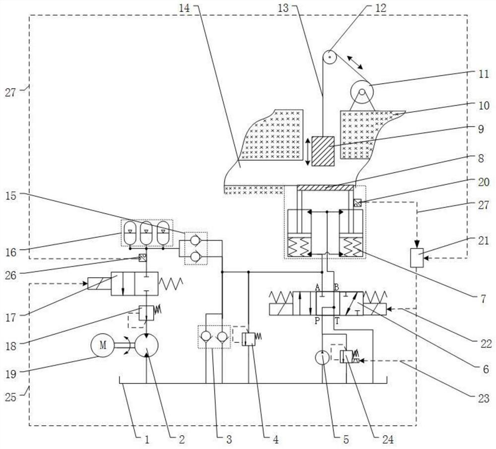 Vertical shaft elevator skip bucket over-release hydraulic buffer energy storage device and system