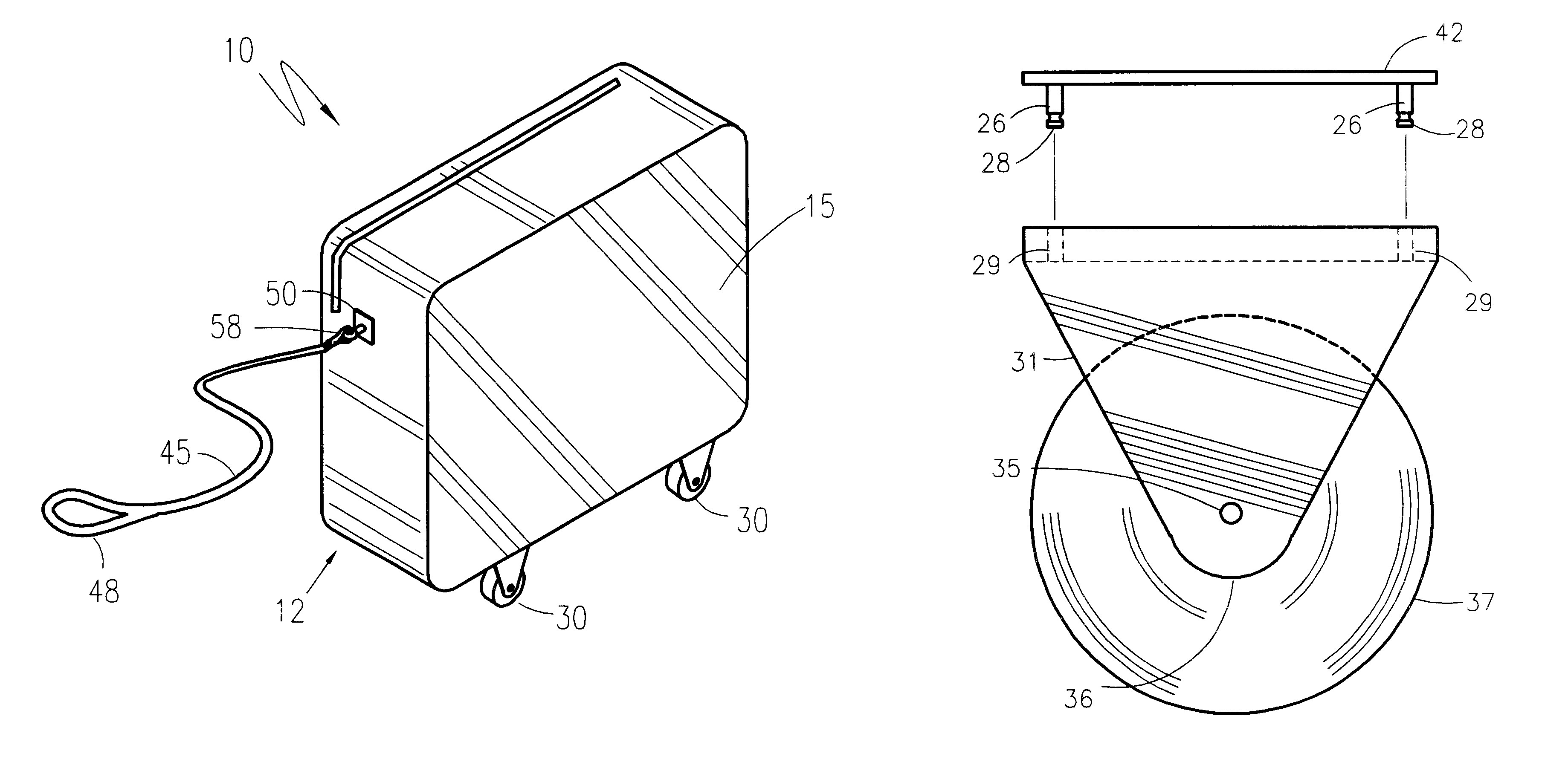 Removably attachable wheel assembly for article transporting containers