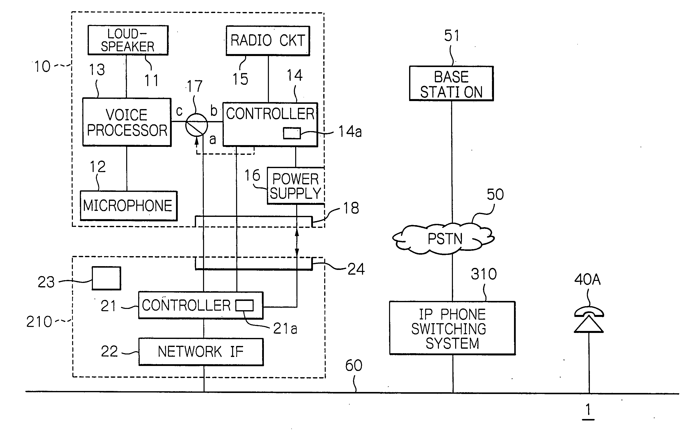 Switching system connecting a radio communication terminal via a LAN line to a public switched network or a leased line