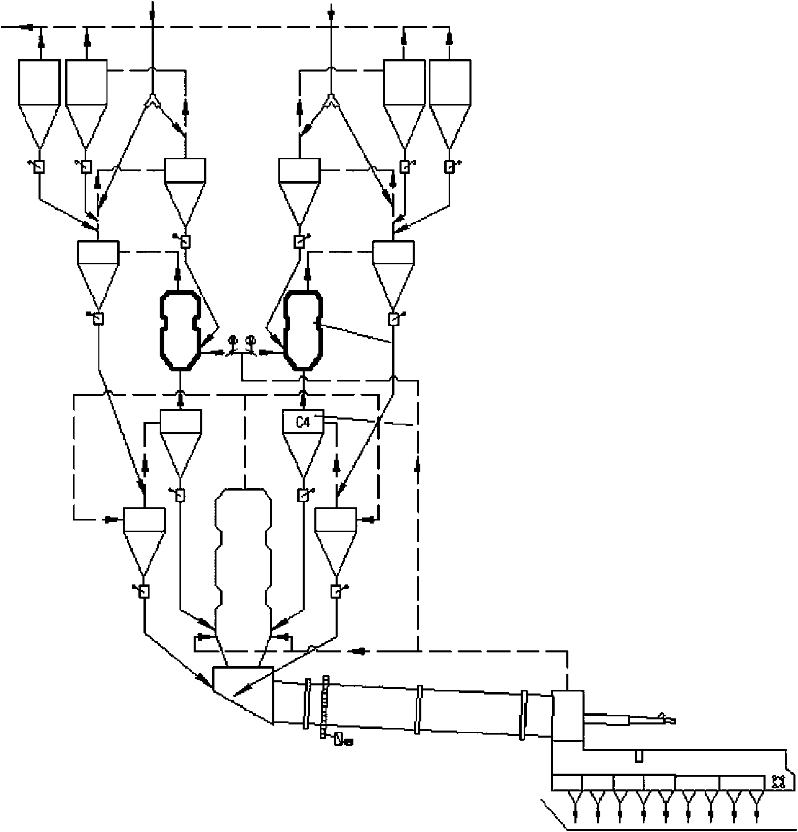 Predecomposition kiln tail system outside of cement kiln, which can treat raw materials with combustibles