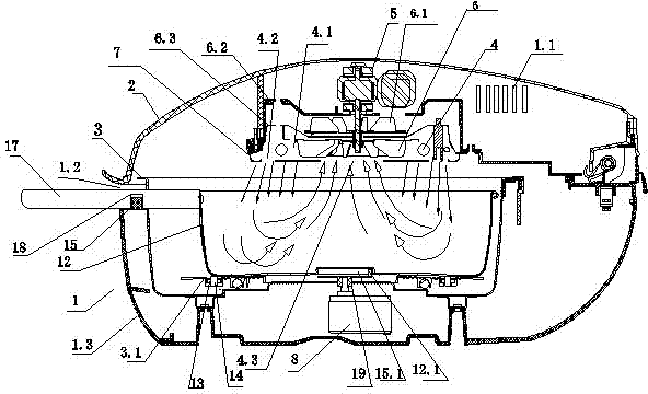 Air current heating device swinging food back and forth