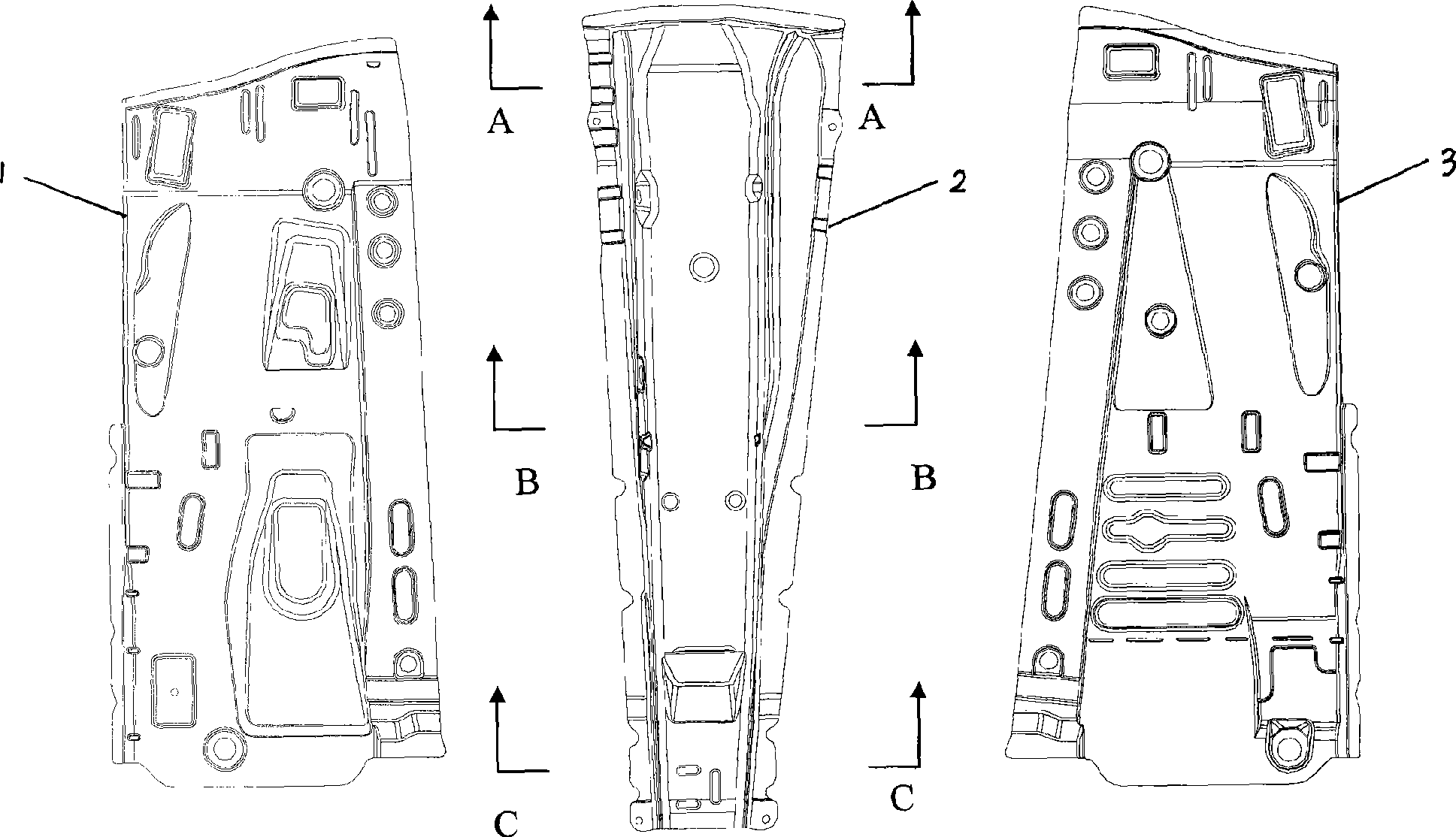 Partition organization for front floor of vehicle body