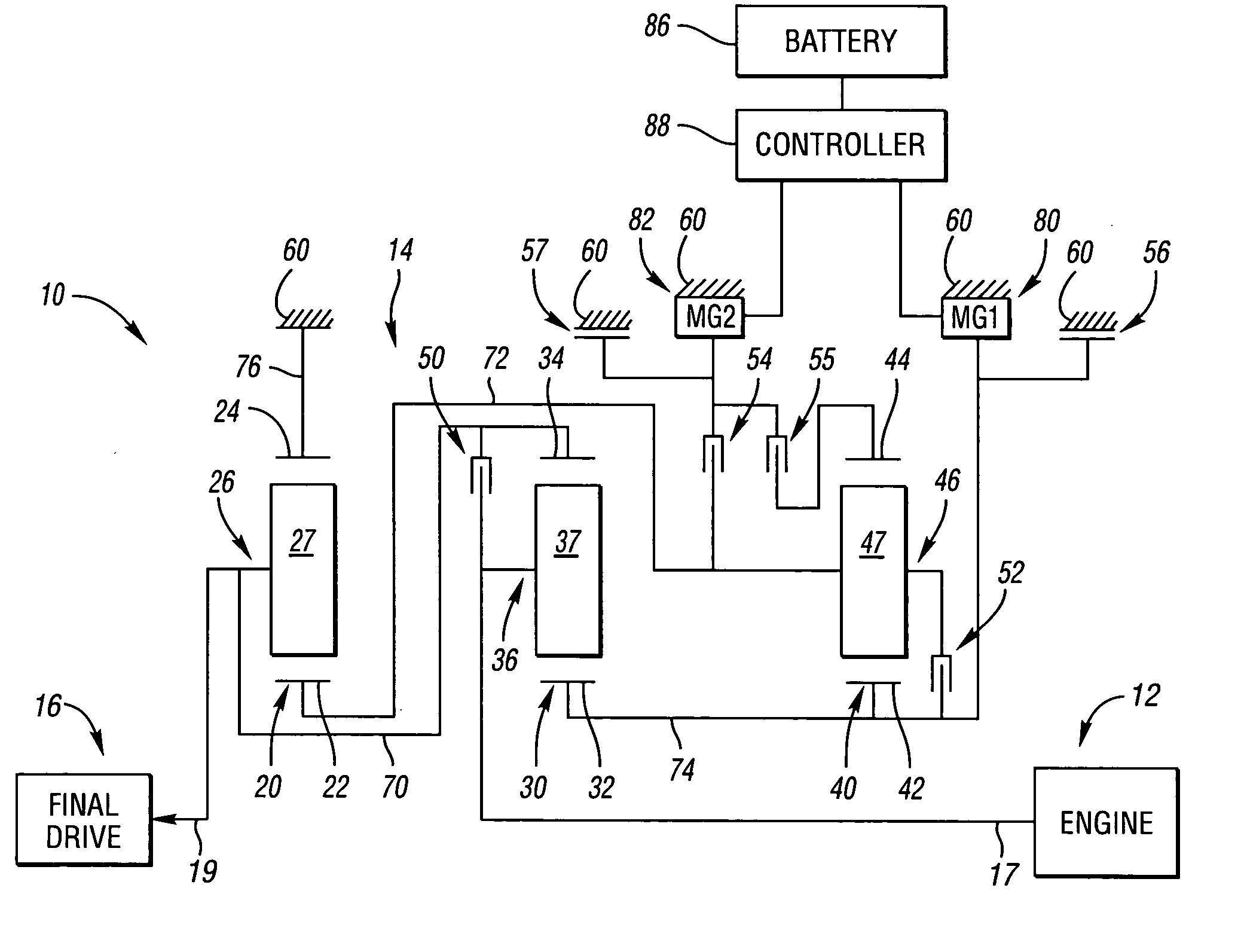 Electrically variable transmission having three planetary gear sets, a stationary member and three fixed interconnections