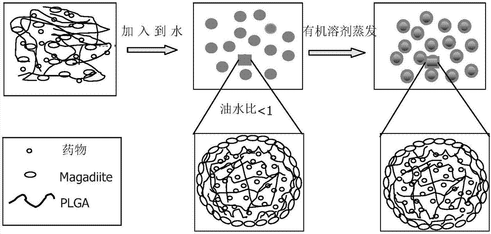 Nano-hybrid drug carrier prepared through Pickering emulsion template method with magadiite serving as emulsifier and preparation method of nano-hybrid drug carrier