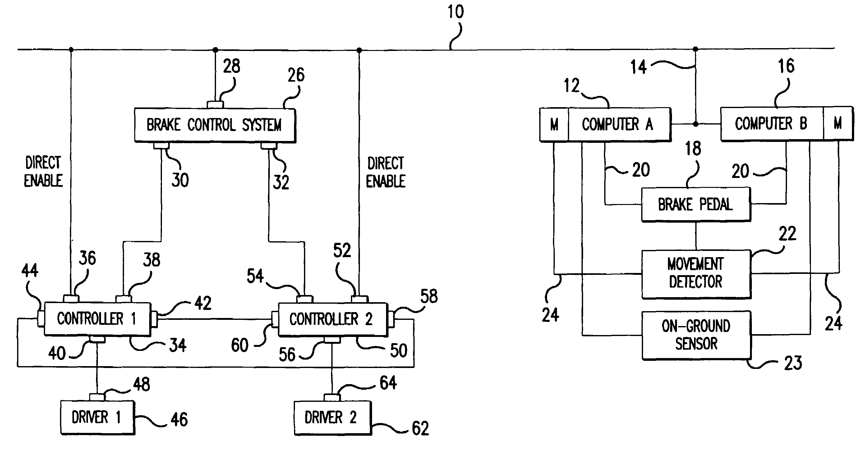 Brake system providing at least one enable signal to brake controllers and method of using same