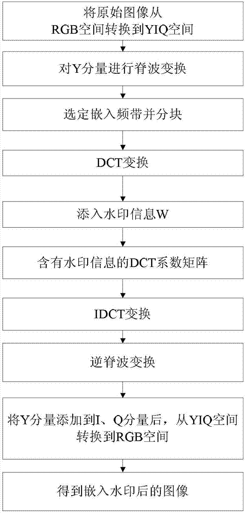 Image watermark embedding and extracting method combining ridgelet transformation and DCT (Discrete Cosine Transform)