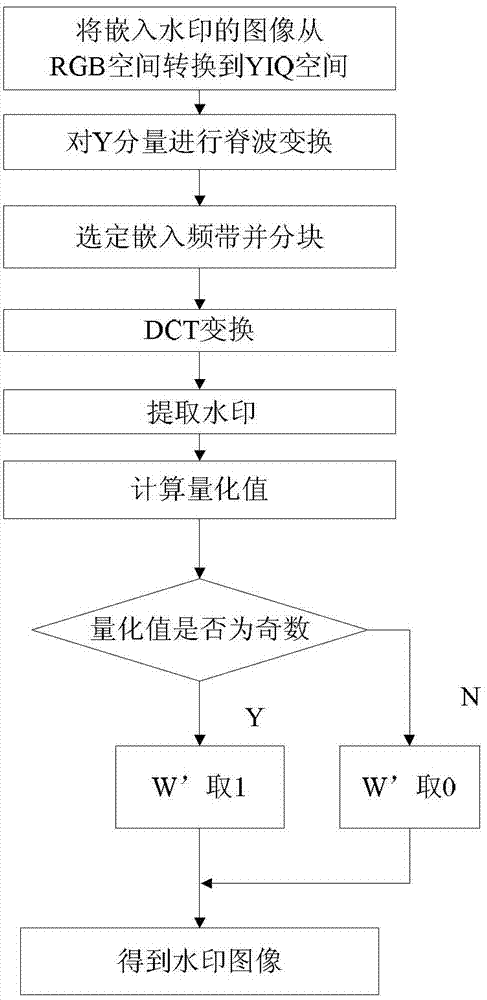 Image watermark embedding and extracting method combining ridgelet transformation and DCT (Discrete Cosine Transform)