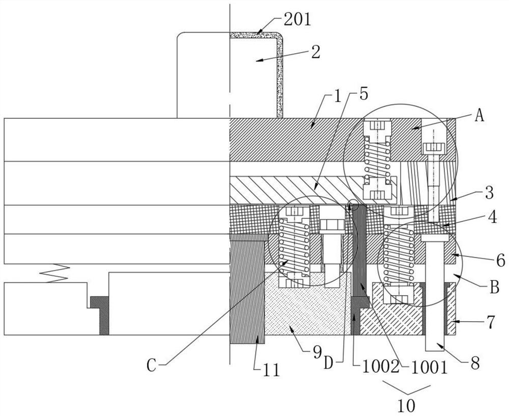 Die with stretching male die and bottom hole punching stripping block integrally formed