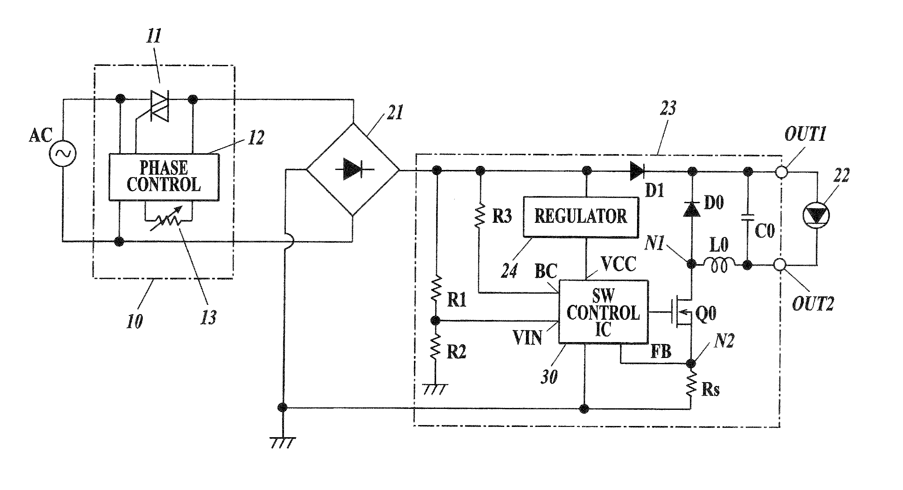 Lighting power supply device and method for controlling holding current