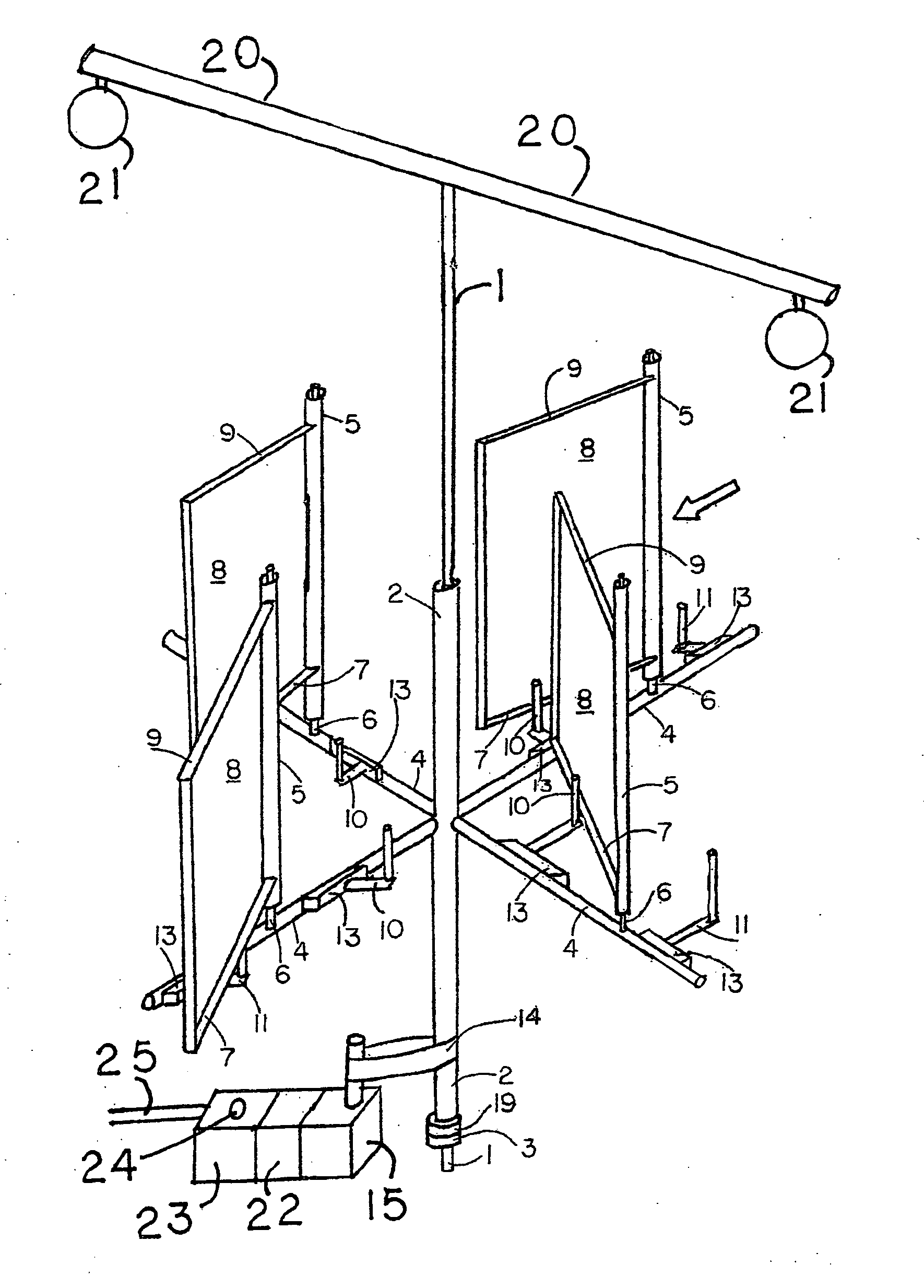 Migler's windmill as a lamppost-windmill, and with sails mounted on a common mast, and with horizontally yoked sails, and as a river-turbine, and as a windmill-sailboat