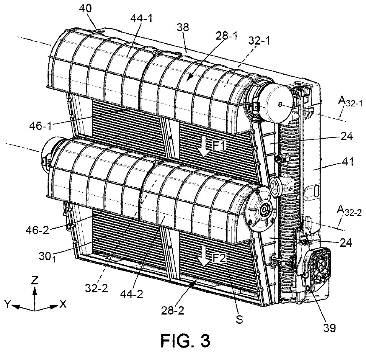 Cooling module for an electric motor vehicle, comprising a tangential-flow turbomachine