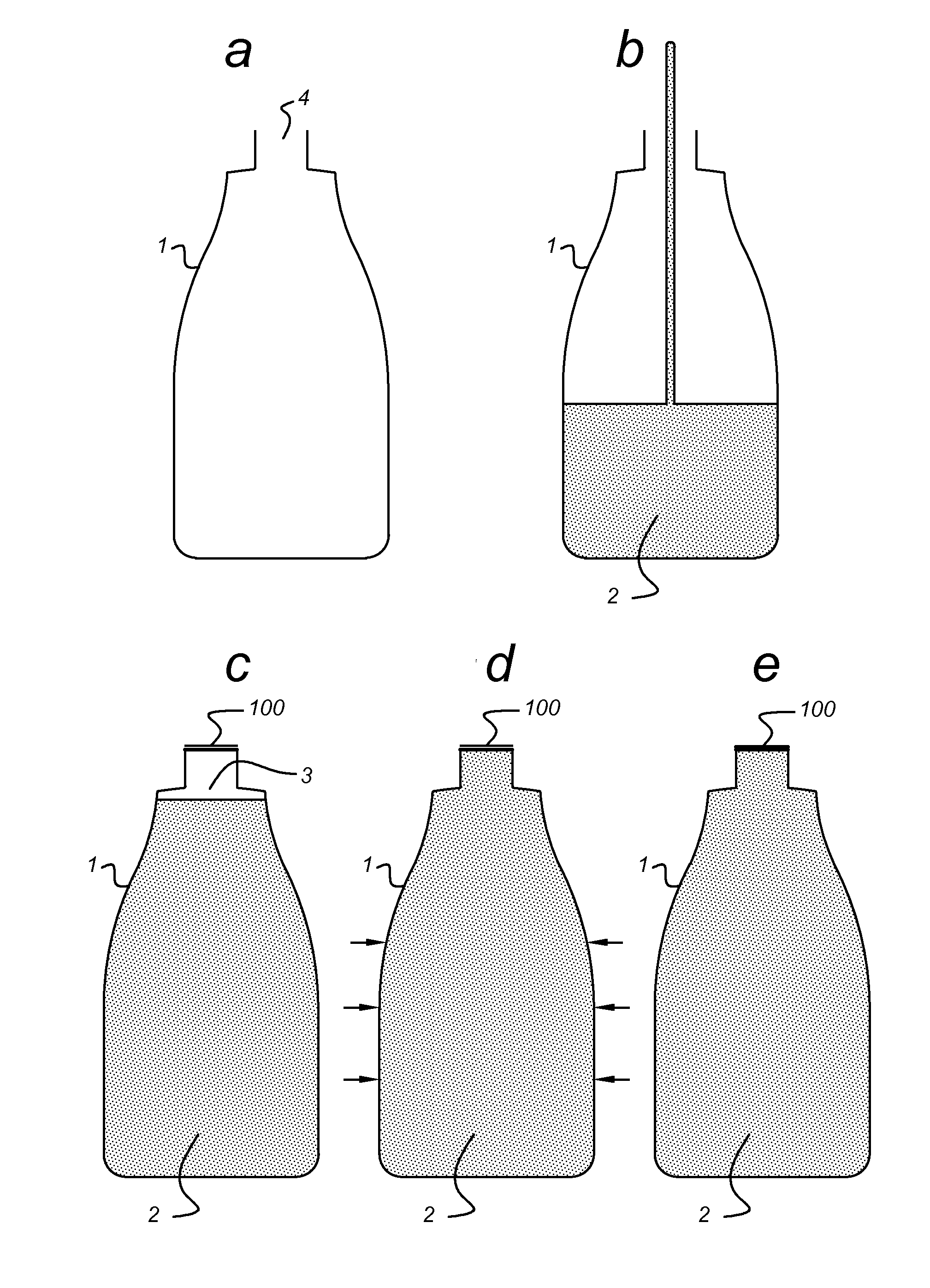 Method of removing headspace from a filled container and container comprising a valve