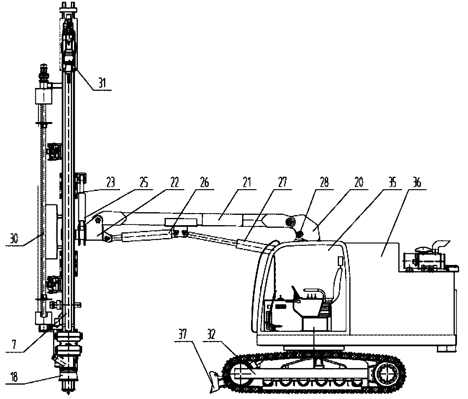 Rock-drilling drill carriage with foldable arm and automatic drill rod replacing device