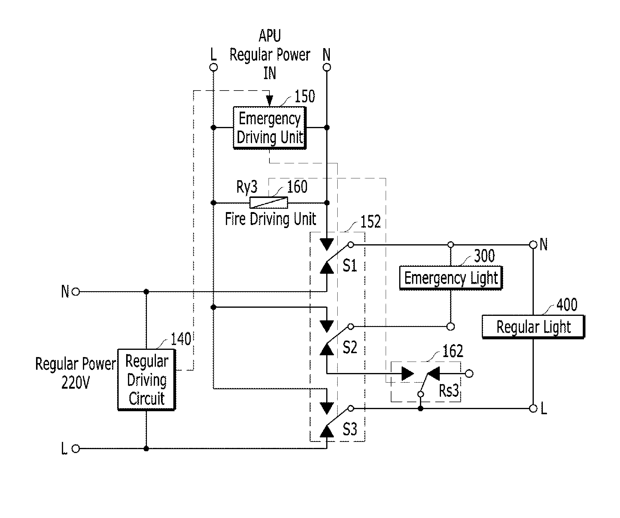 Auxiliary power unit for emergency light in case of fire or power failure