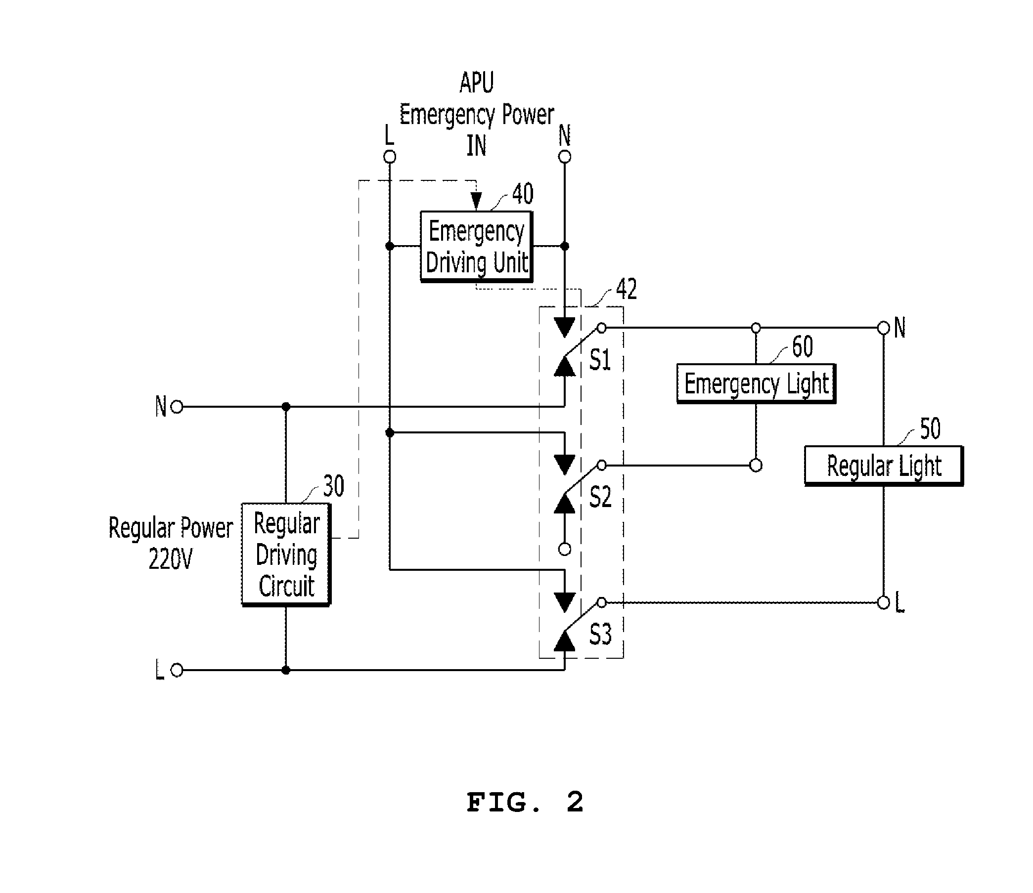 Auxiliary power unit for emergency light in case of fire or power failure