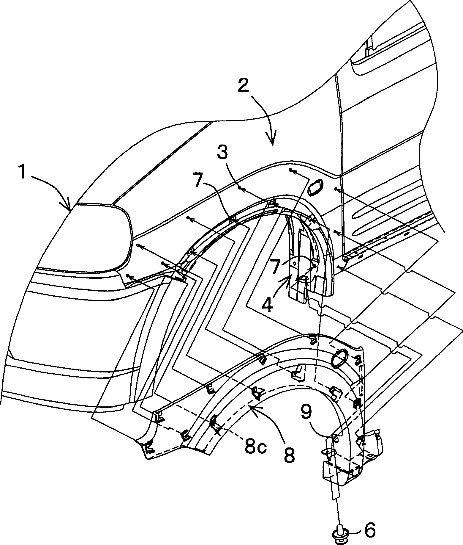 Installation structure for lining board of fenderboard