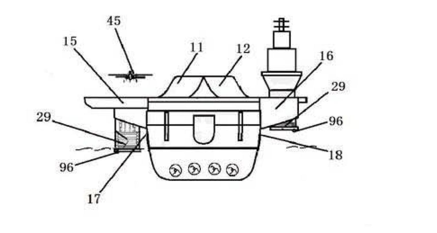 Aircraft carrier, warship, submarine and offshore platform each with correcting device with high efficiency, load removal, swing stoppage and turnover resistance