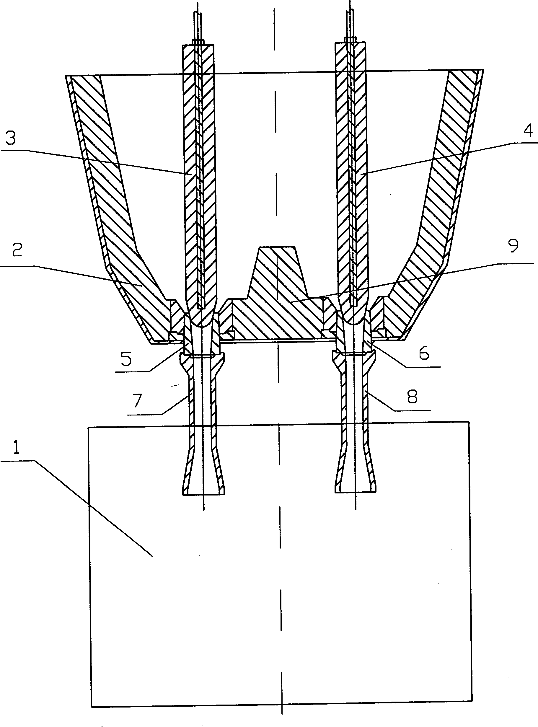 Method and device for slab continuous casting using two pouring openings