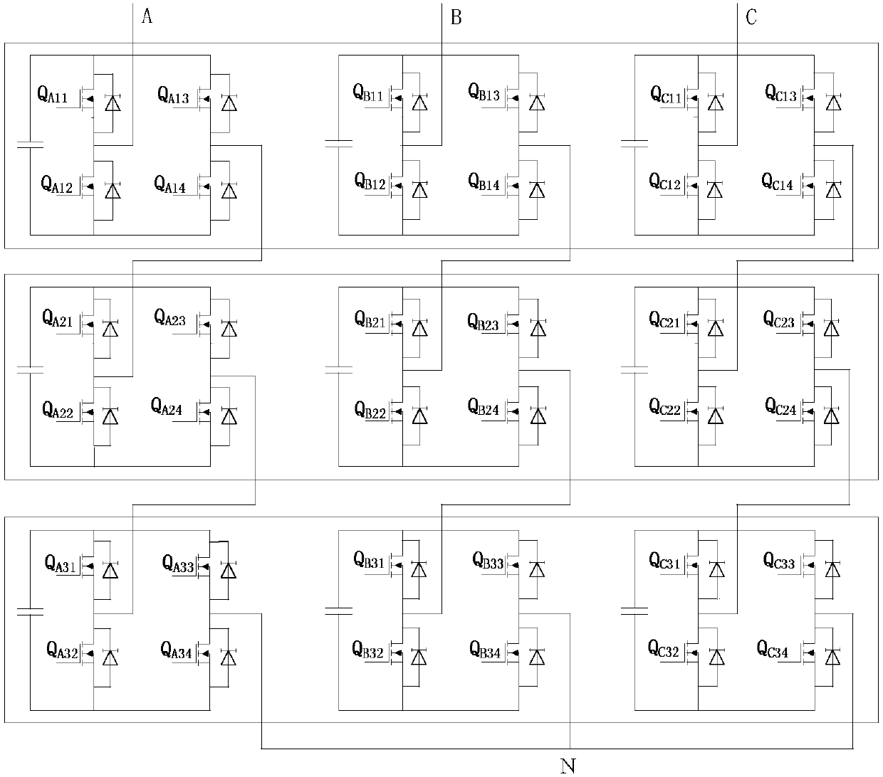 Space vector modulation method-based delta connection cascaded H-bridge inverter