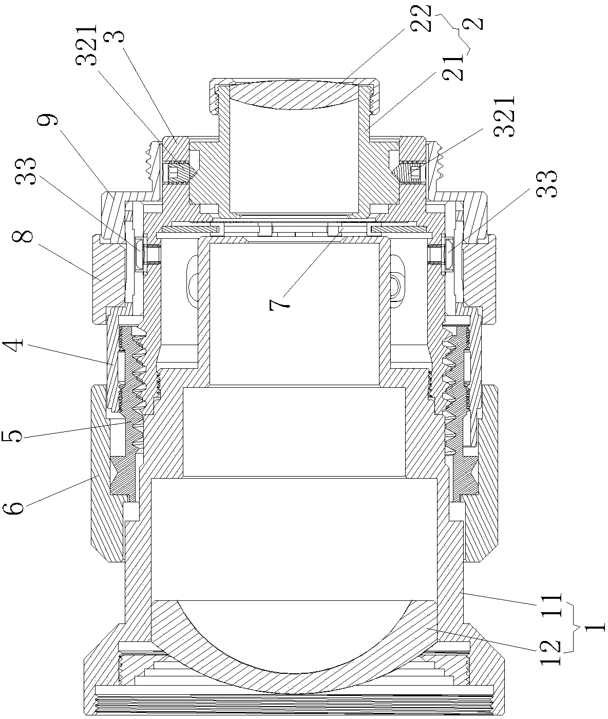 Lens adjustable in coaxiality of front lens group and rear lens group