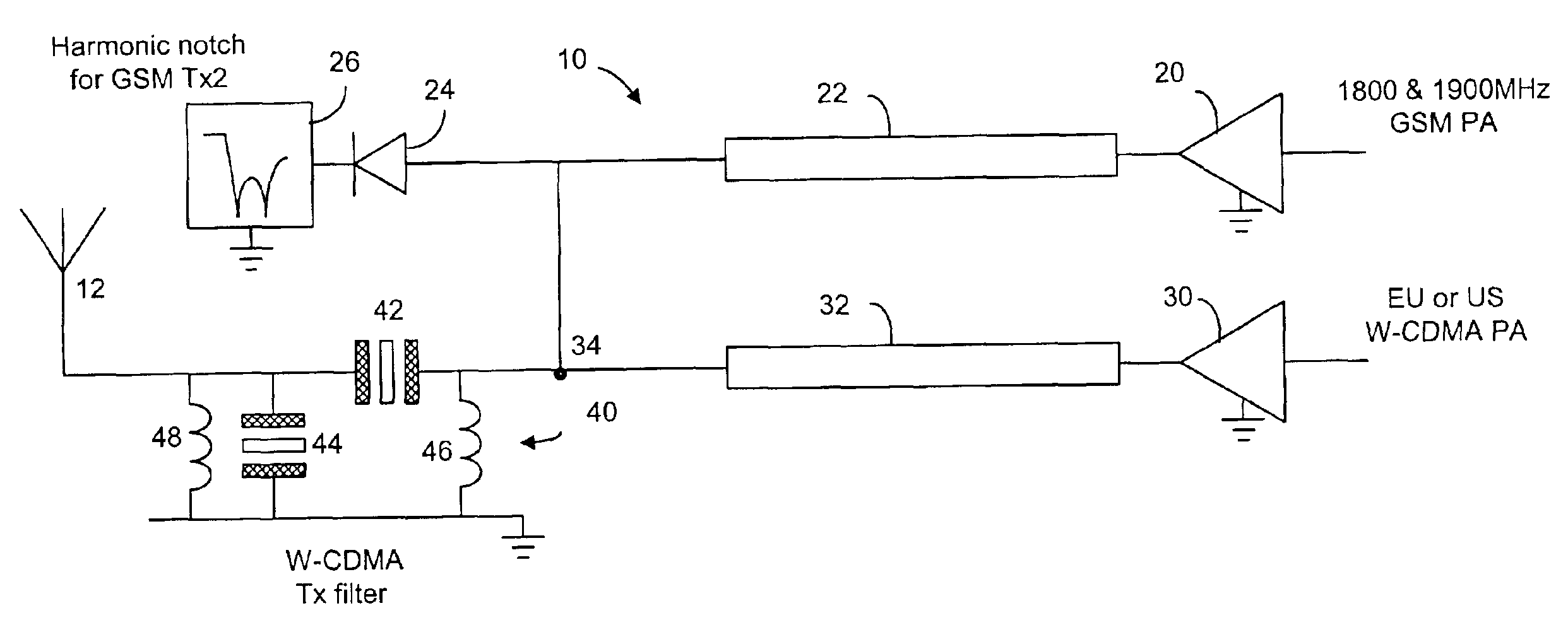 Transmitter filter arrangement for multiband mobile phone