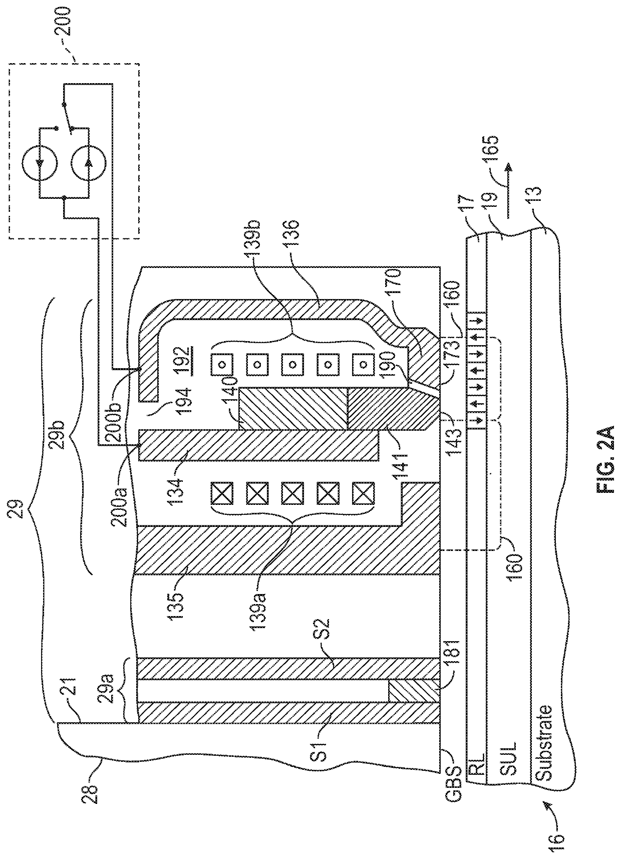 Current-assisted magnetic recording write head with wide conductive element in the write gap