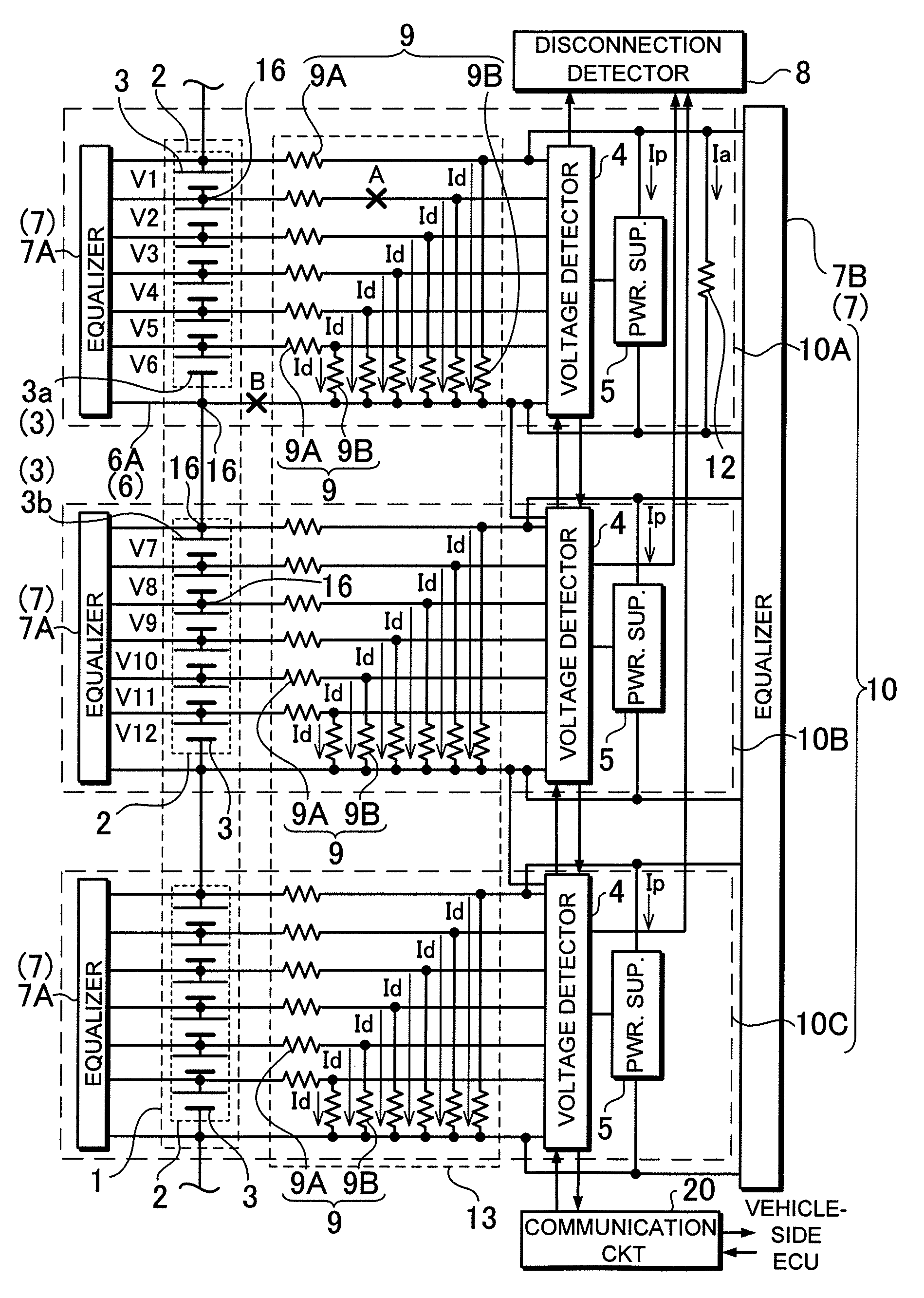 Power supply device for detecting disconnection of voltage detection lines