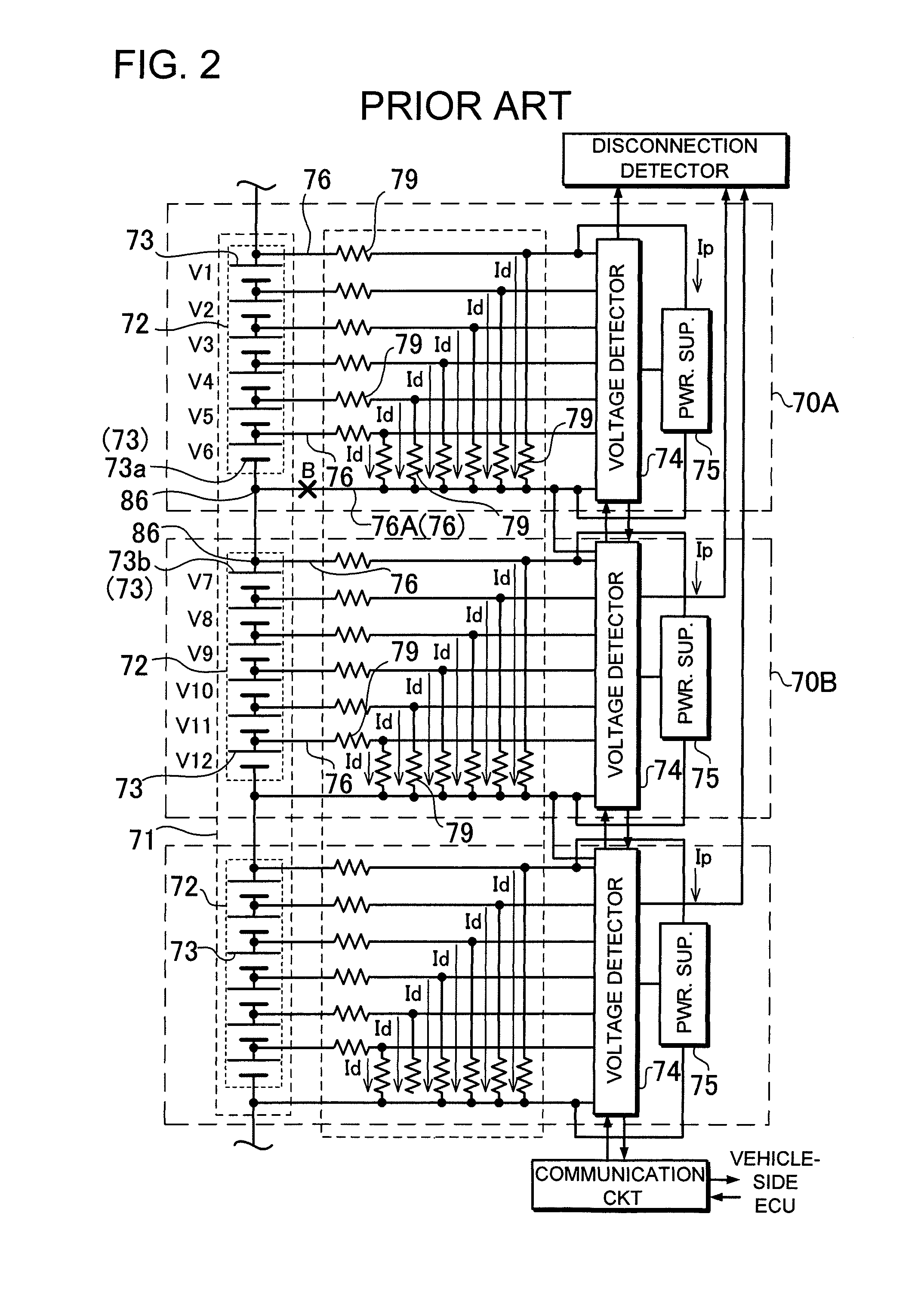 Power supply device for detecting disconnection of voltage detection lines