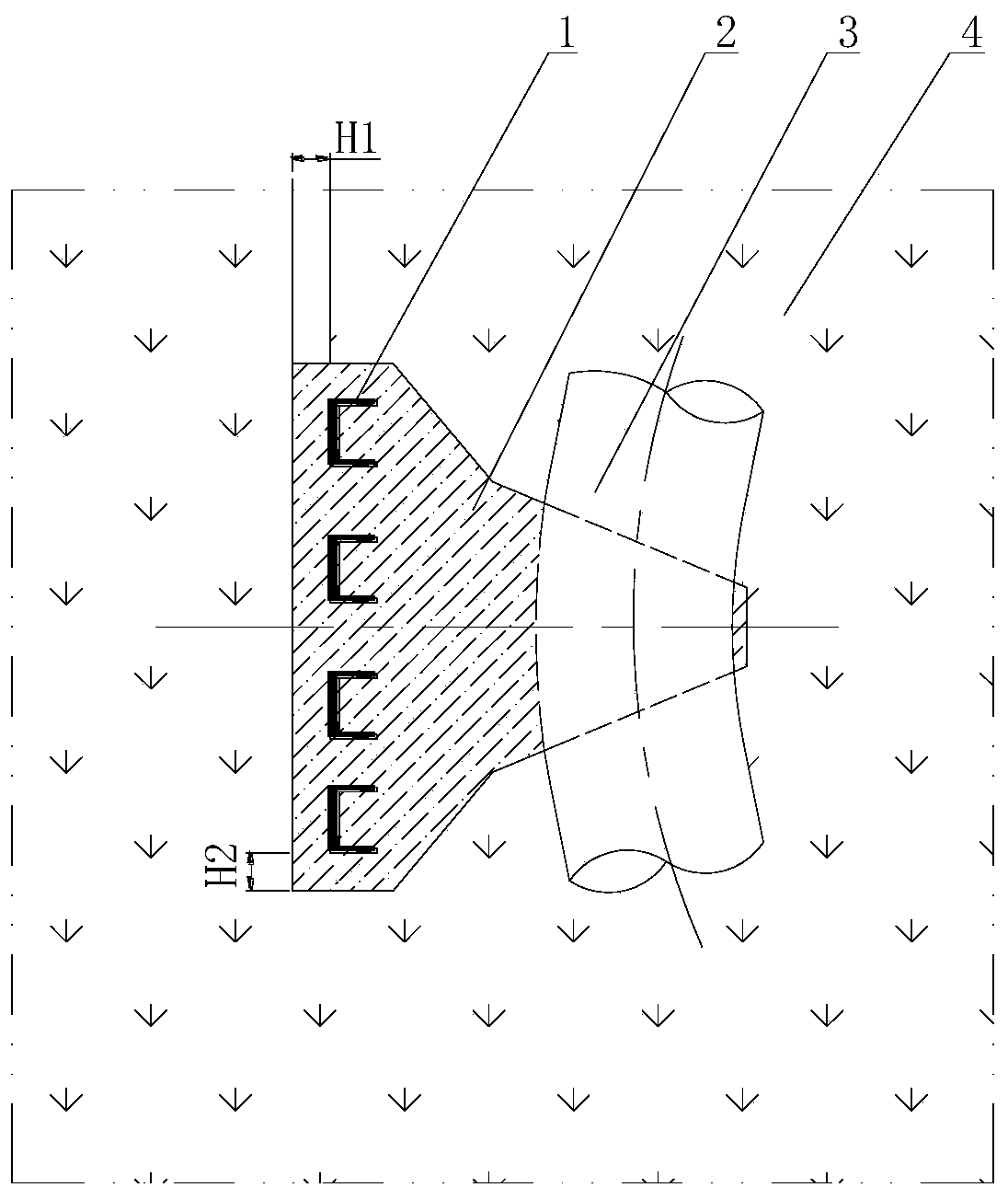 Modified buttress capable of reducing buttress volume on horizontal bending point of pressure pipeline and construction method thereof