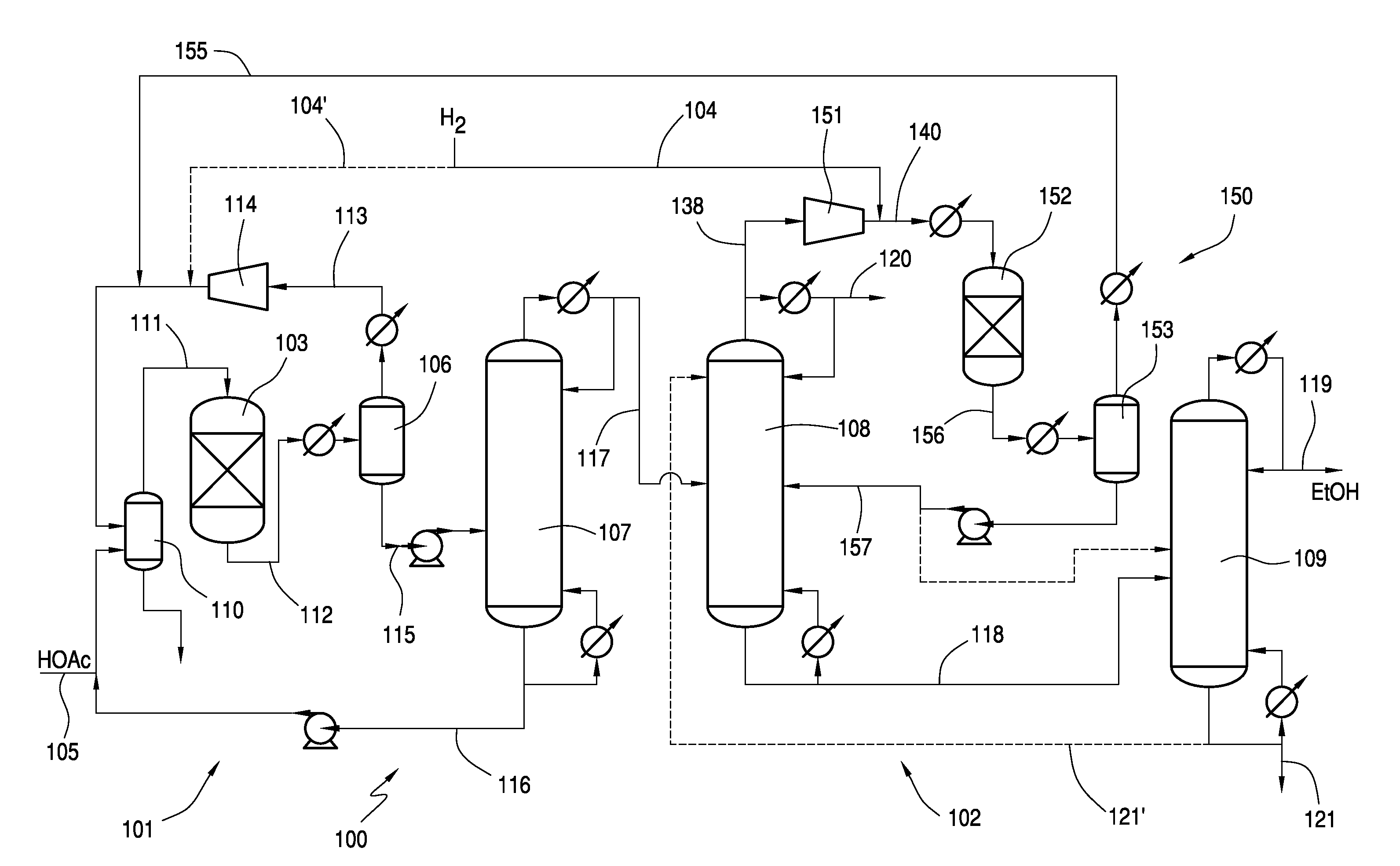 Hydrogenolysis of Ethyl Acetate in Alcohol Separation Processes