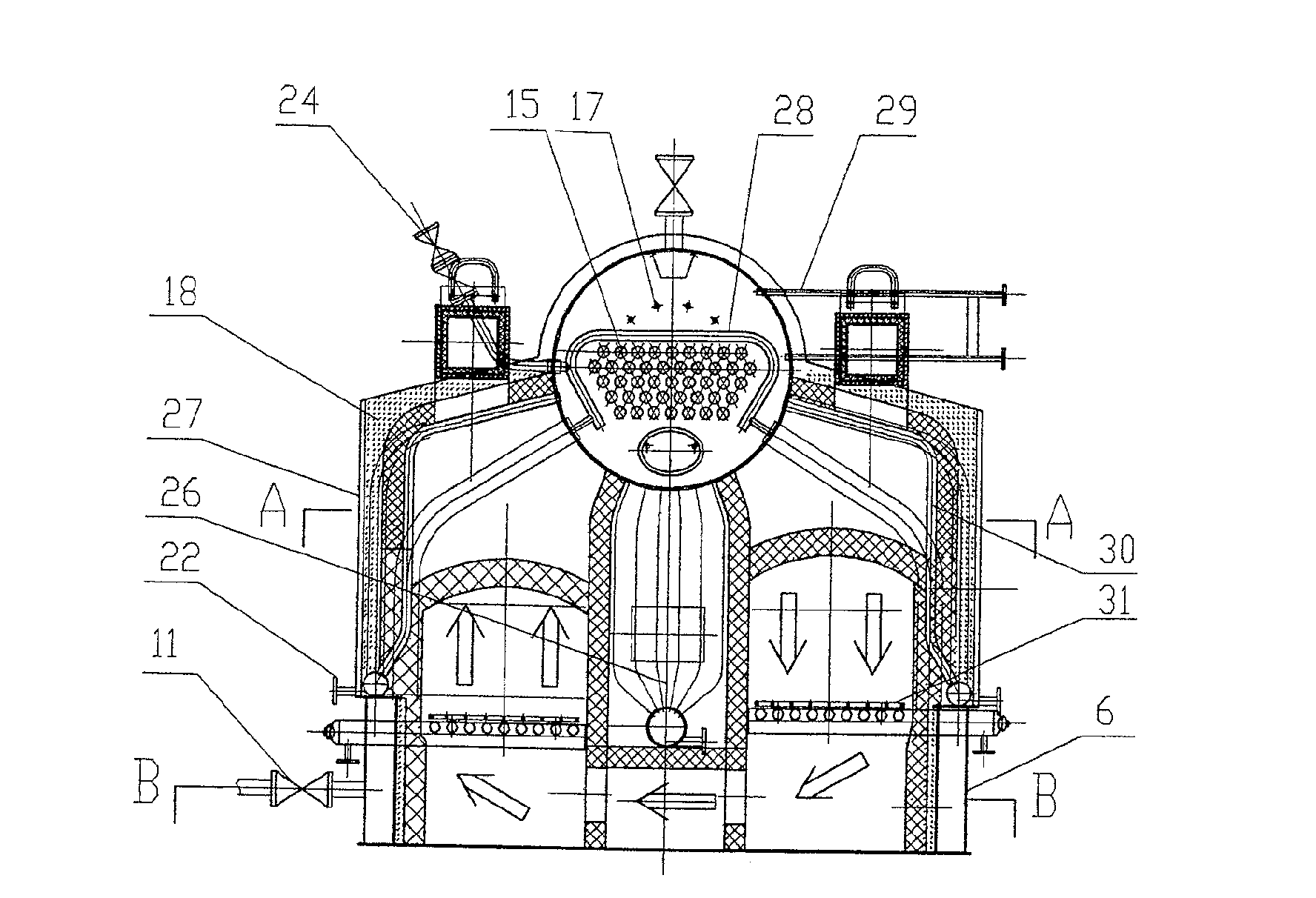 Hot flue gas bidirectional firing, high anthrax adaptability and variable load honeycomb type coal boiler