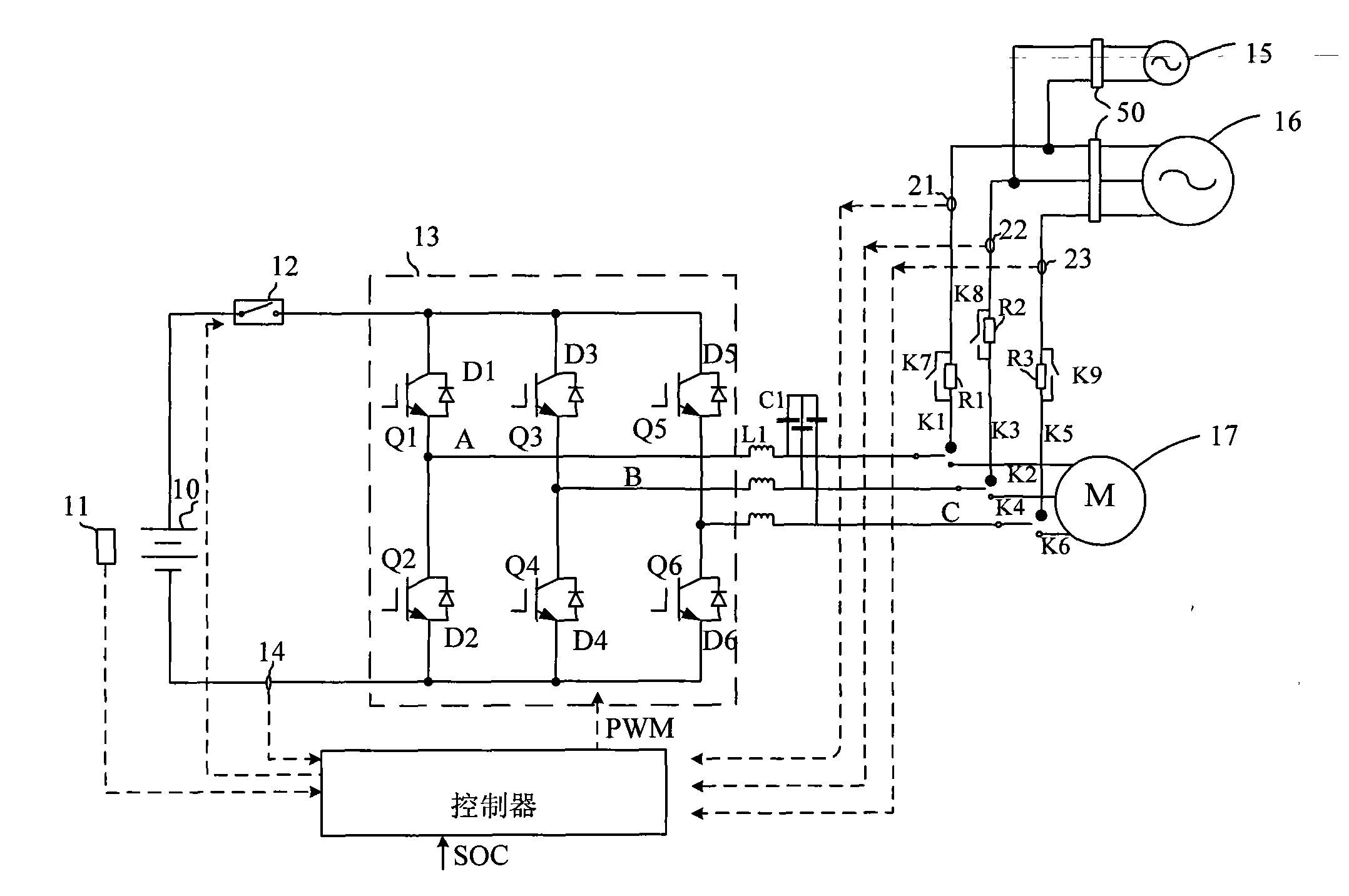 Charge and discharge device for on-board battery and control method of charge and discharge device