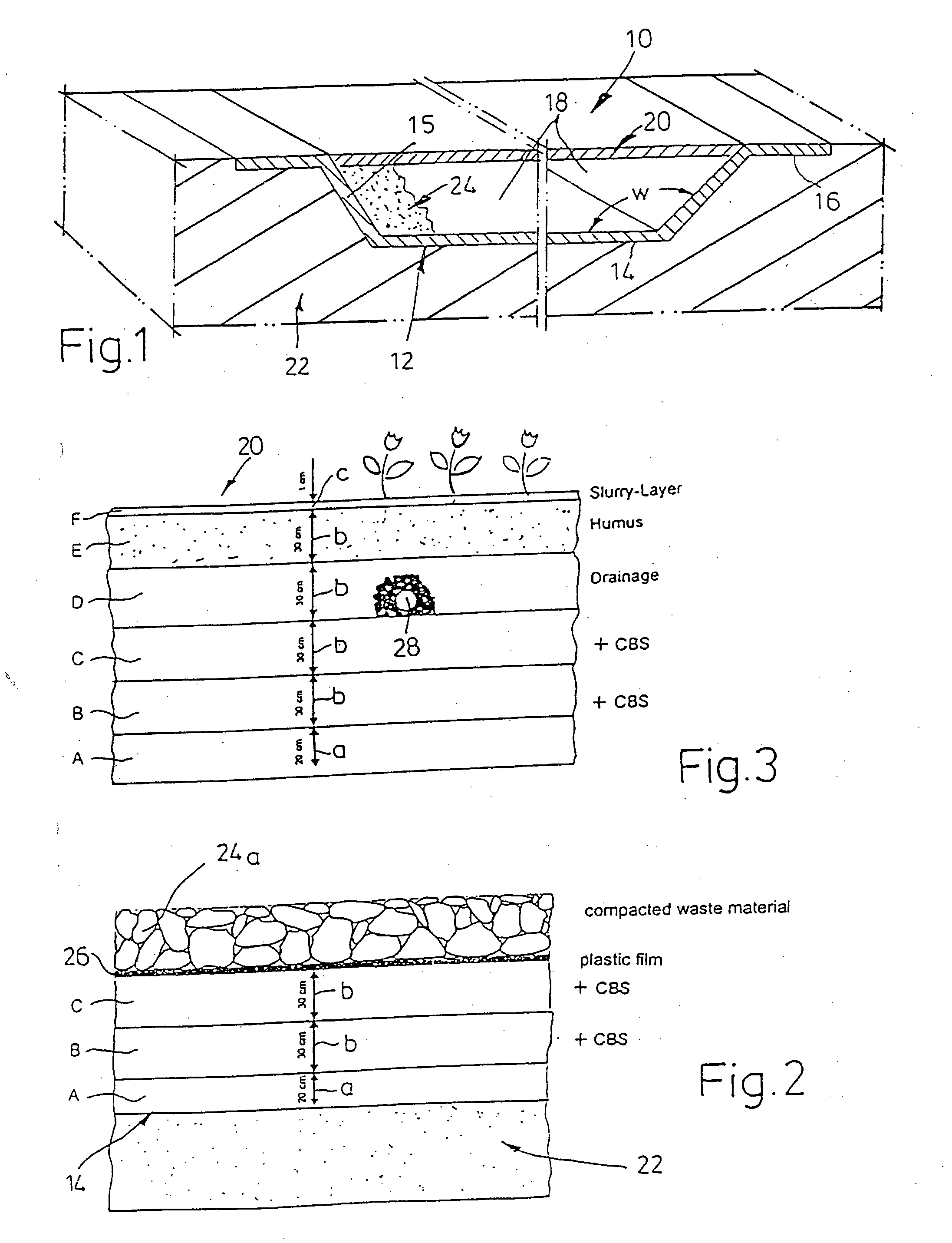 Disposal area for storing substances composite substances or mixtures thereof, method for treating the same, and corresponding device