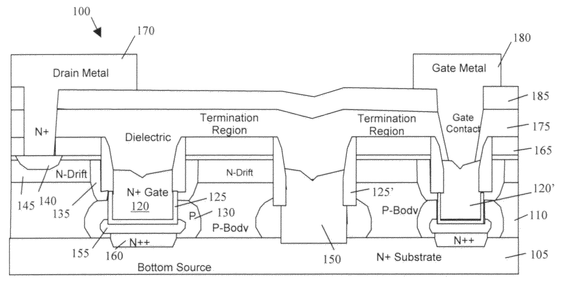 Inverted-trench grounded-source FET structure with trenched source body short electrode