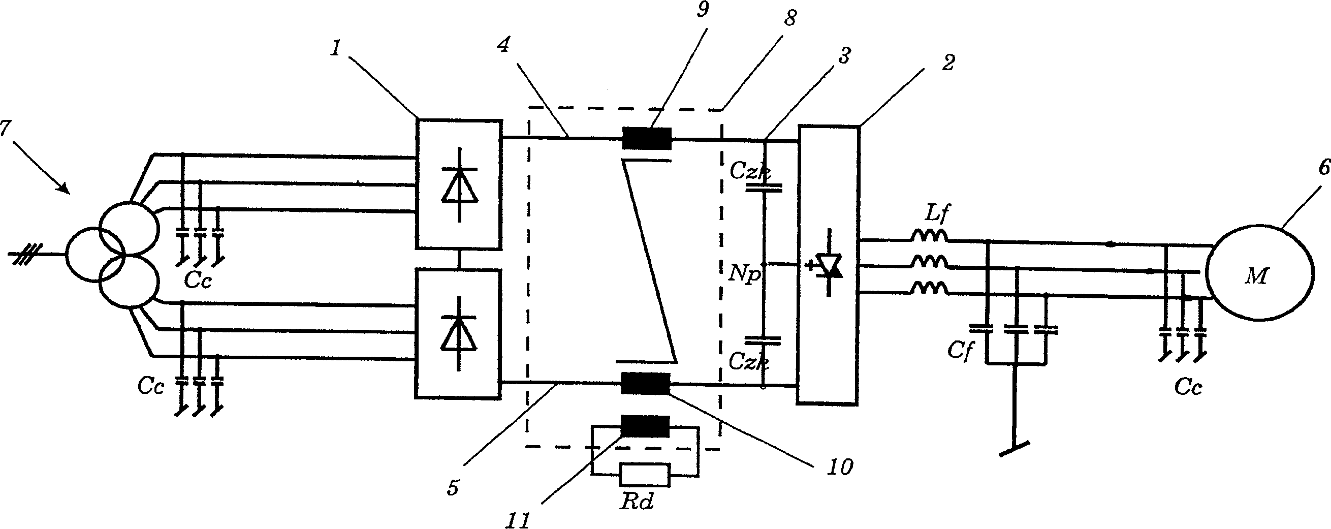 Converter circuit structure with direct voltage intermediate circuit