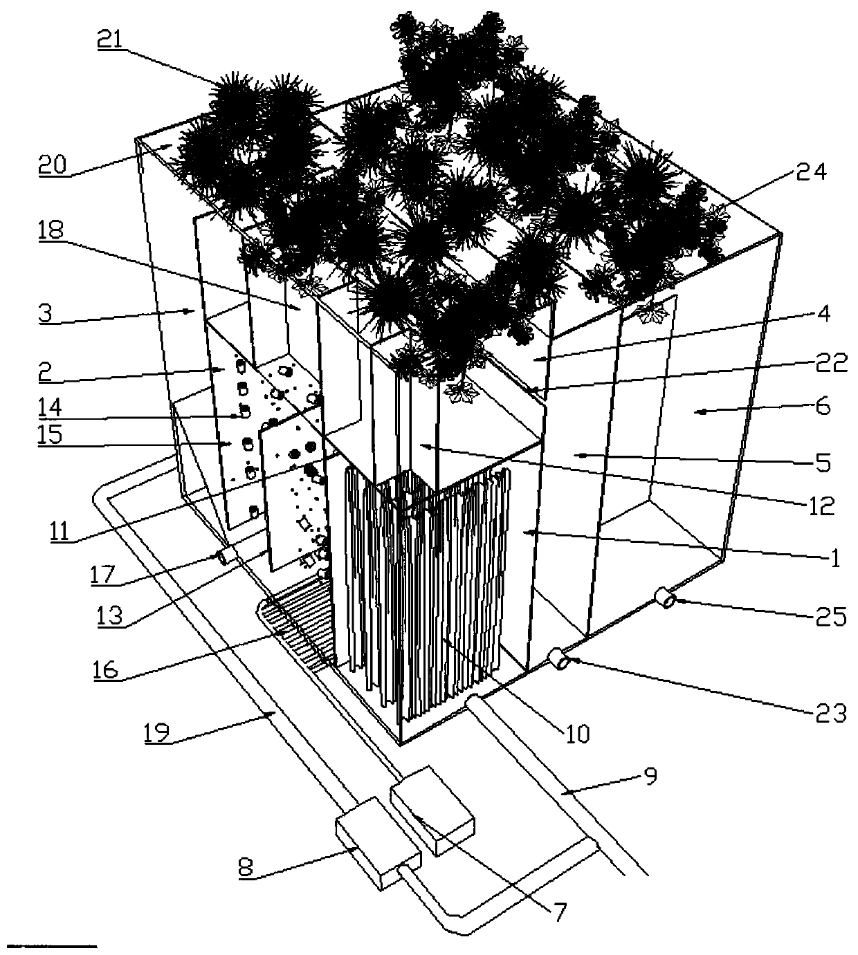 Mixed filler fluidized tank coupled constructed wetland sewage advanced treatment apparatus