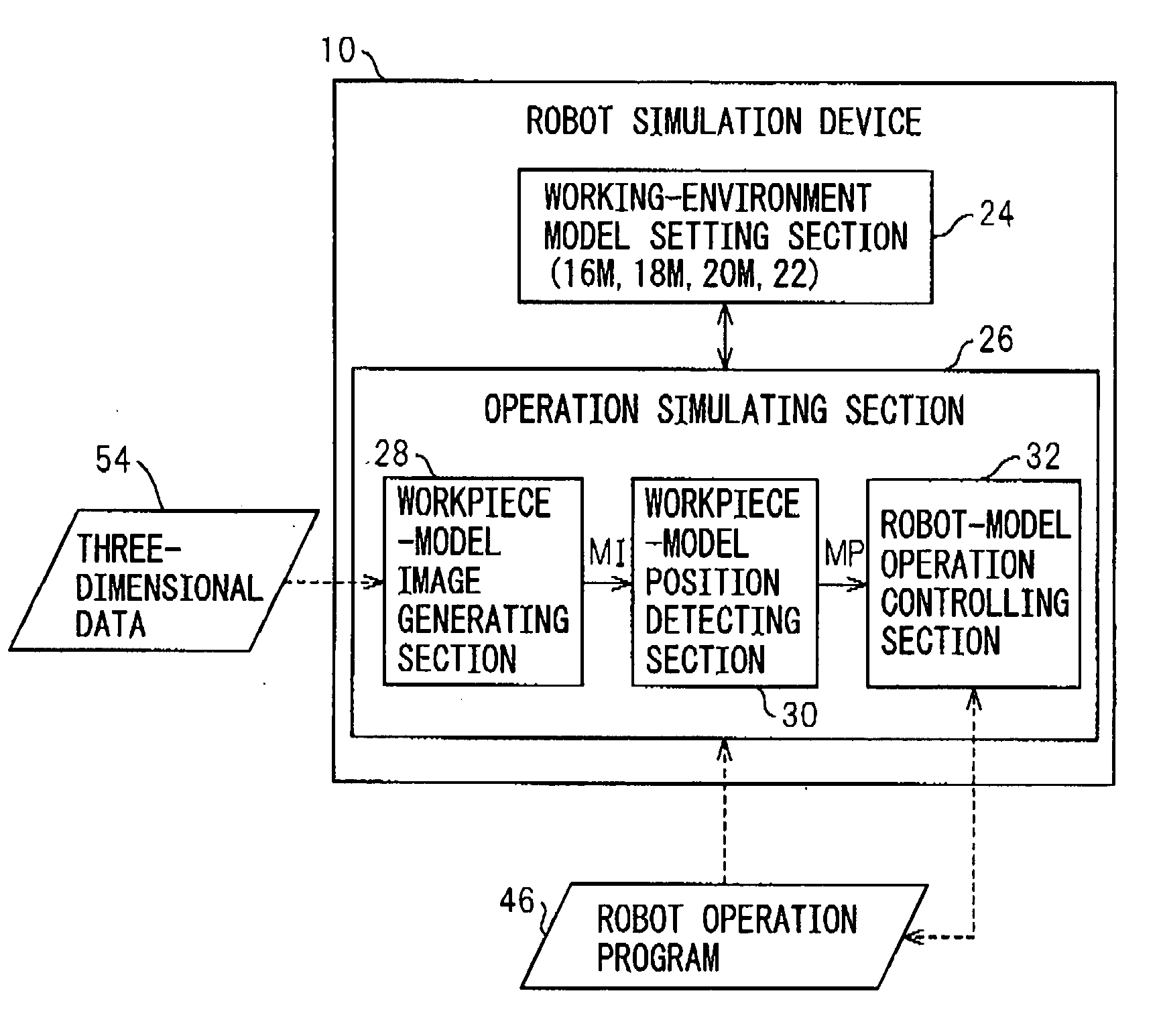 Device, program, recording medium and method for robot simulation