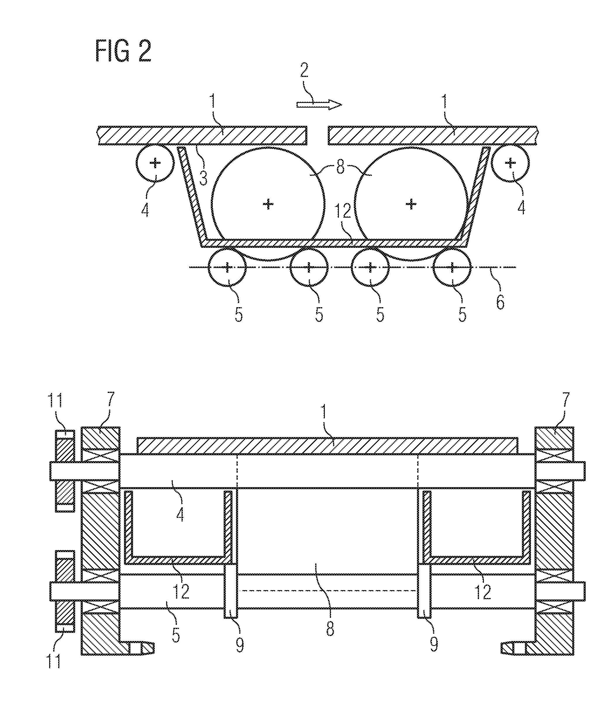 Transport device, especially for transporting flat substrates through a coating installation