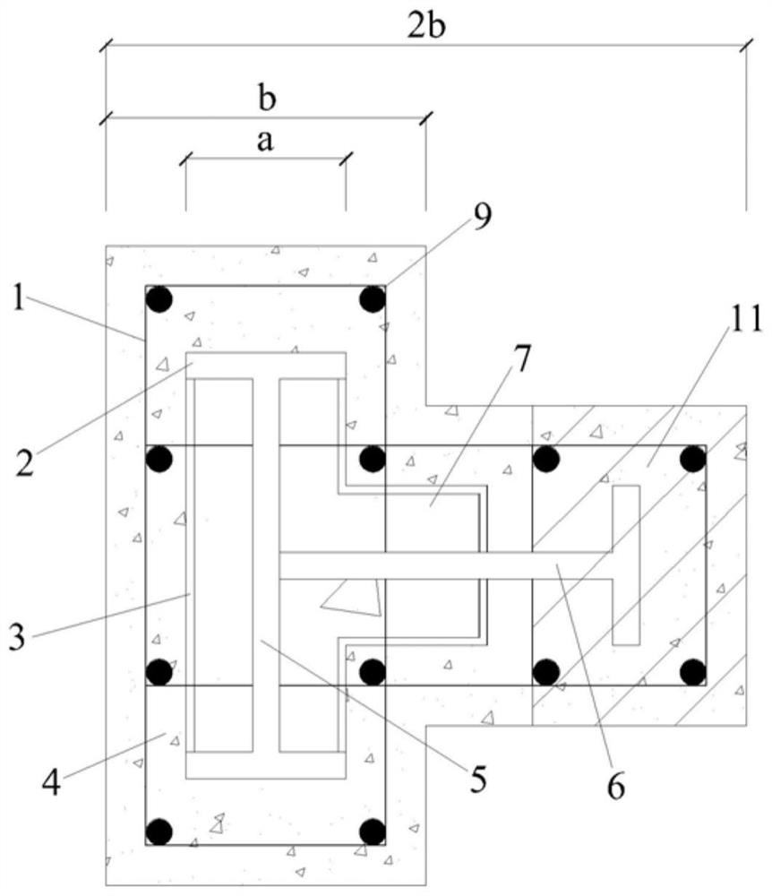 Partially prefabricated steel reinforced concrete T-shaped column with embedded column