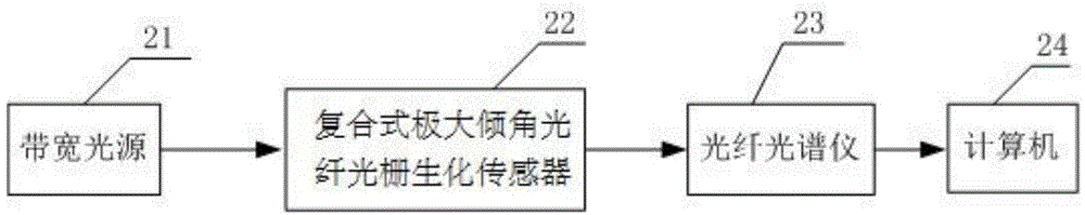 Composite maximum-dip-angle fiber bragg grating biochemical sensor and production method thereof