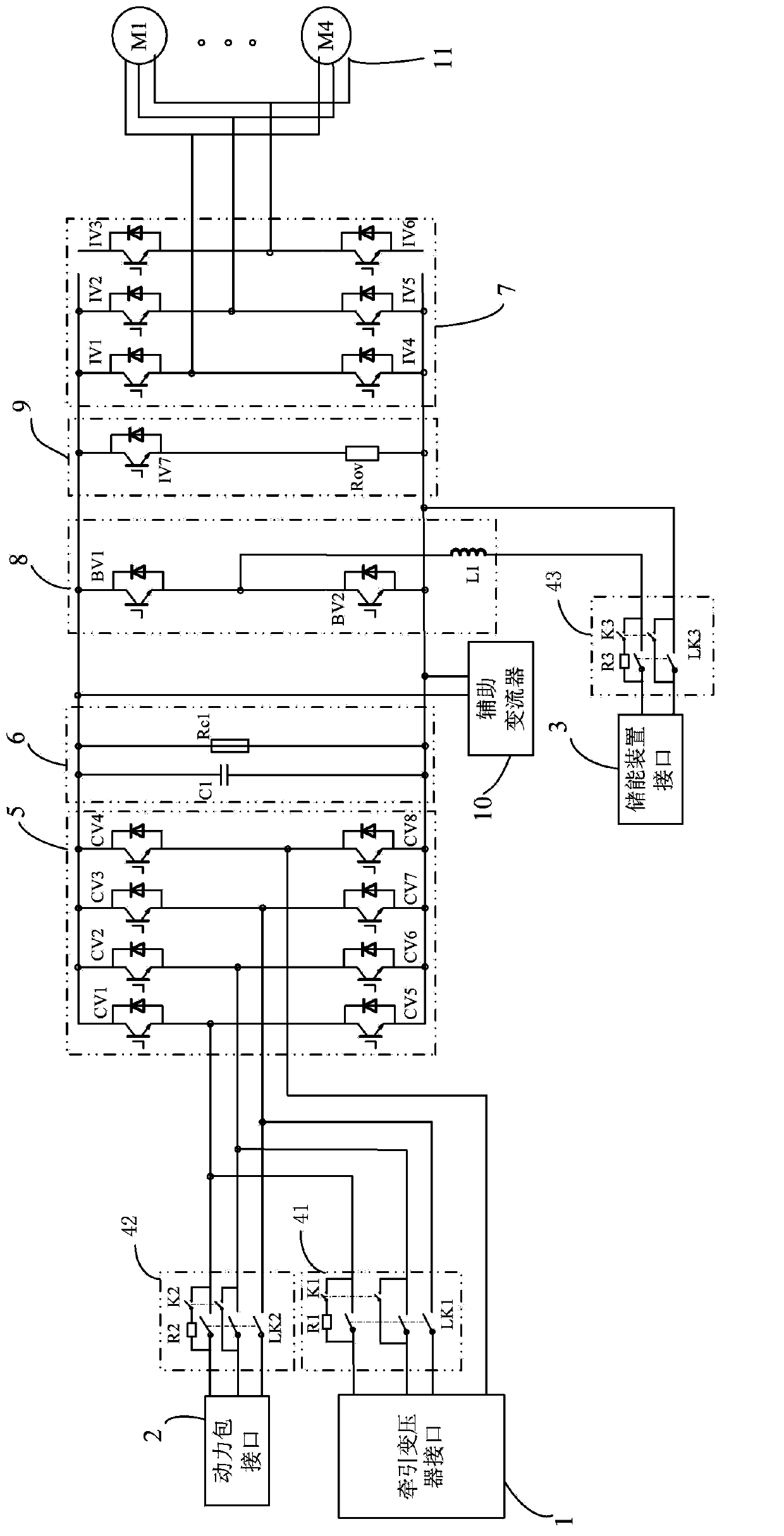 Hybrid-power CRH (China Railway High-speed) traction converter suitable for multiple power-supply modes