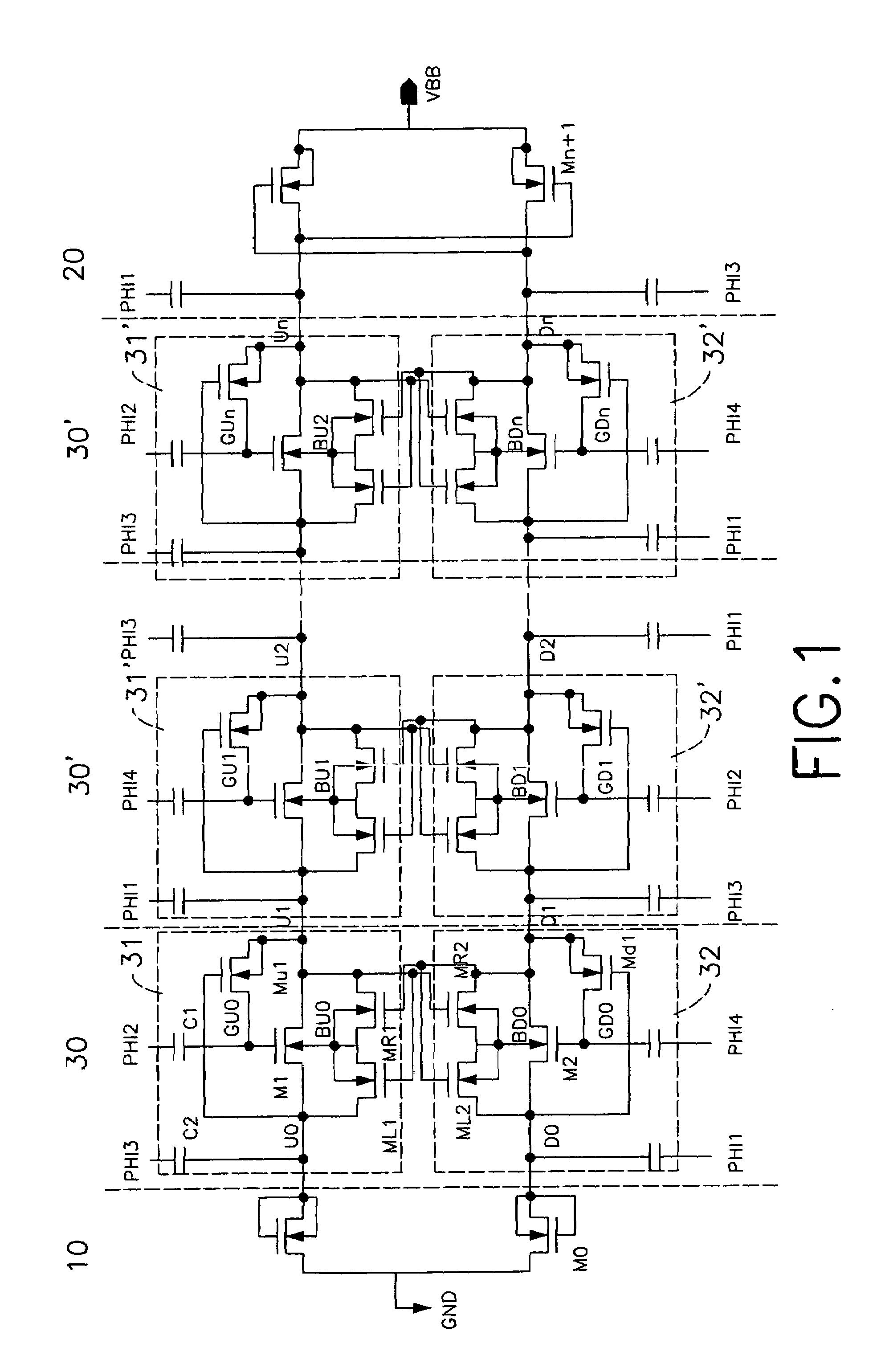 Four-phase charge pump circuit with reduced body effect