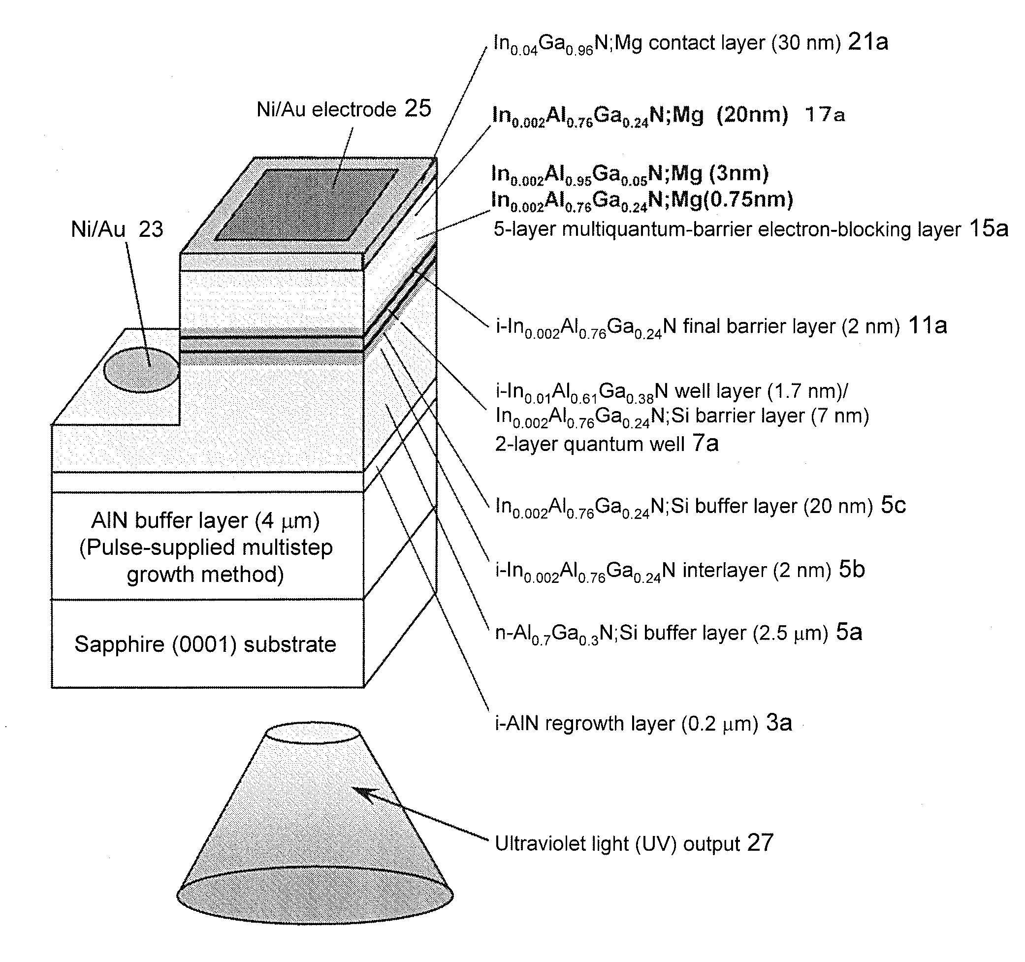 Light-emitting element having nitride semiconductor multiquantum barrier, and process for production thereof