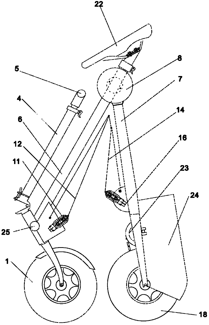 Lightweight portable bicycle with small wheel diameters and capable of being folded vertically