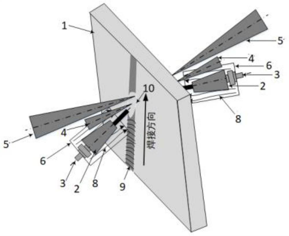 Laser arc double-sided synchronous vertical position welding method and device for medium plate