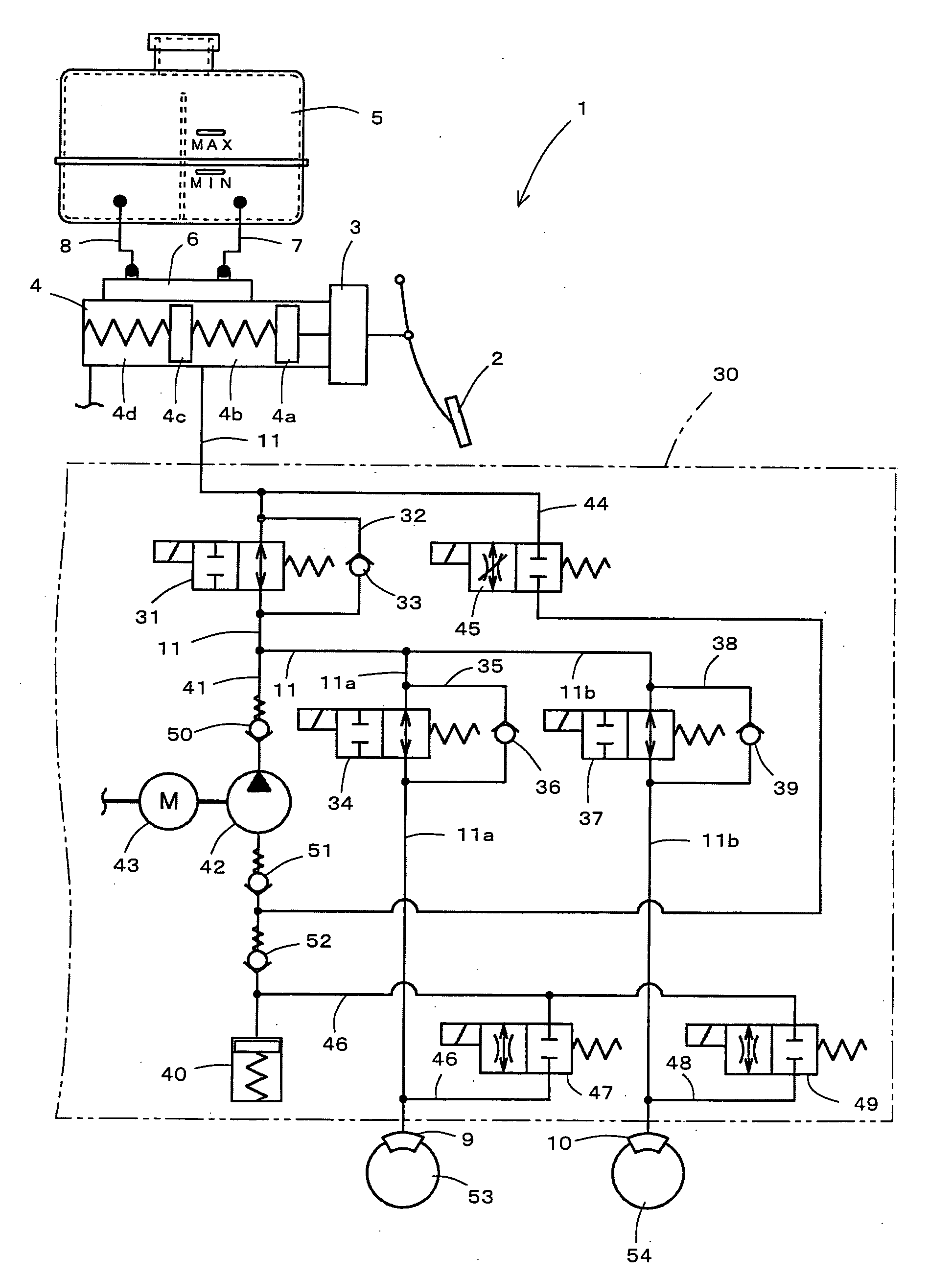 Master cylinder hydraulic fluid flow control valve, master cylinder provided with the master cylinder hydraulic fluid flow control valve, and brake device provided with master cylinder