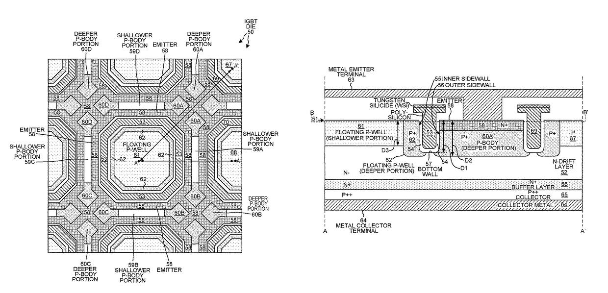 Trench IGBT with tub-shaped floating P-well and hole drains to P-body regions