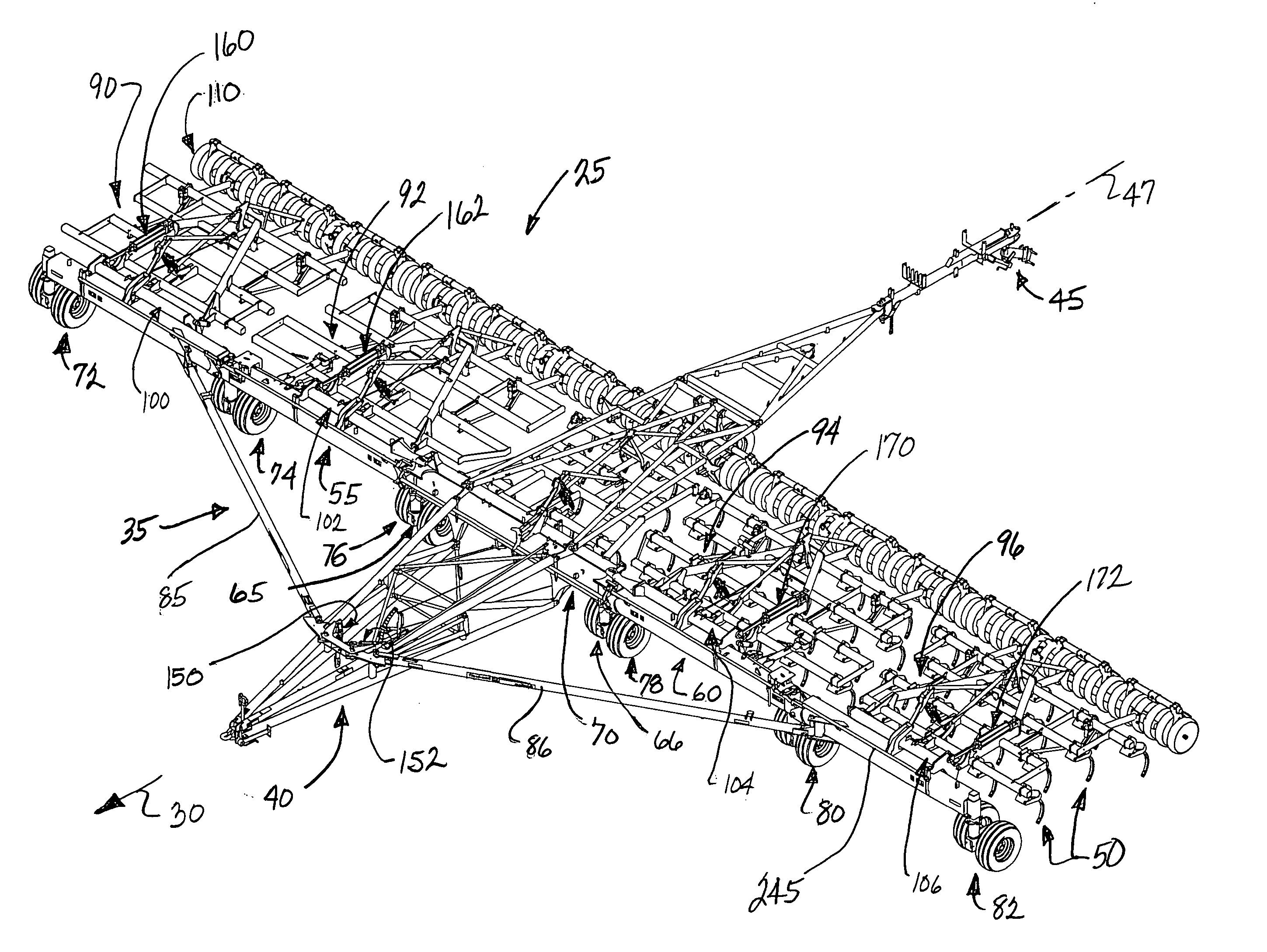 System for and method of moving an agricultural implement between a folded, inoperative position and an extended, operative position